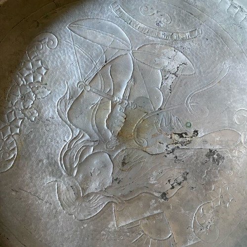 Decorative copper plate with embossed goddess of justice like new