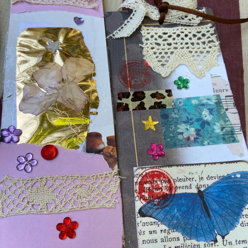 Handmade bookmarks with lace, fabric and collage, set of 4, new