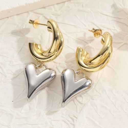 Earrings double hoops with hanging heart stainless steel new, silver