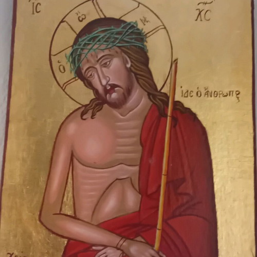 Jesus Christ image handmade icon on canvas with gold leaf