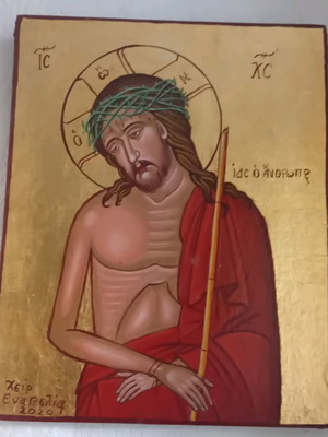 Jesus Christ image handmade icon on canvas with gold leaf