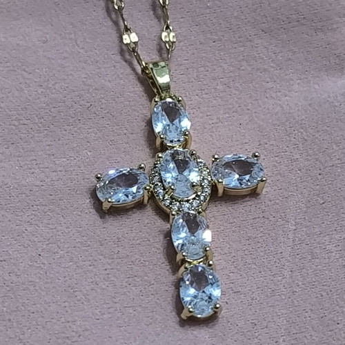 Elegant cross necklace with white stones in gold tone, new
