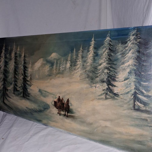 Winter painting by J. Denis used, 117x47 cm, snowy forest landscape