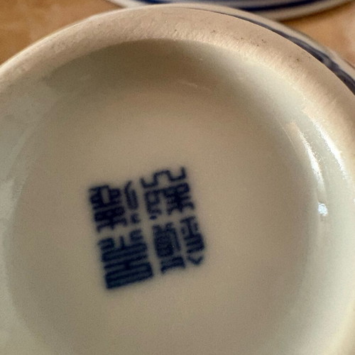 Chinese porcelain tea cups with saucers, white and blue decoration