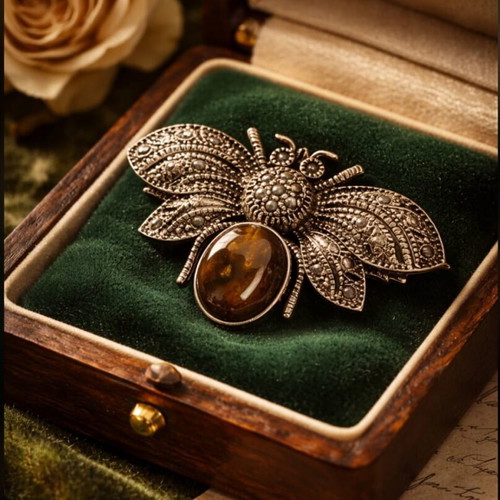 Vintage silver bee brooch with Cat’s Eye stone used
