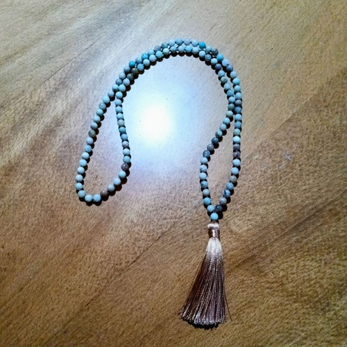 Handmade mala with 108 semi-precious beads, turquoise and gray
