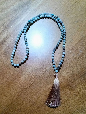 Handmade mala with 108 semi-precious beads, turquoise and gray