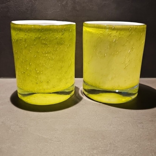 Set of 2 solid glass lime green candle holders