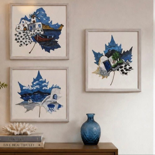 Aegean Memories set of 3 handmade plane leaf paintings