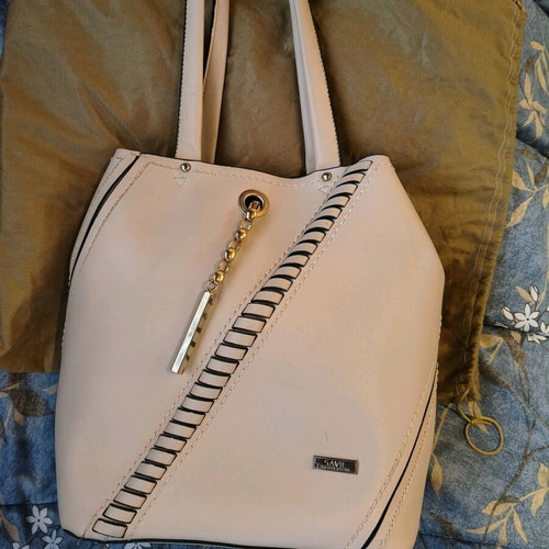 Savil leather shoulder bag, beige, bucket style