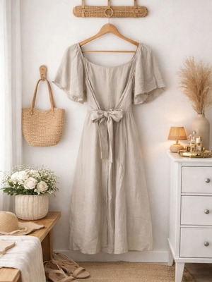 Off shoulder midi dress like new, beige, one size