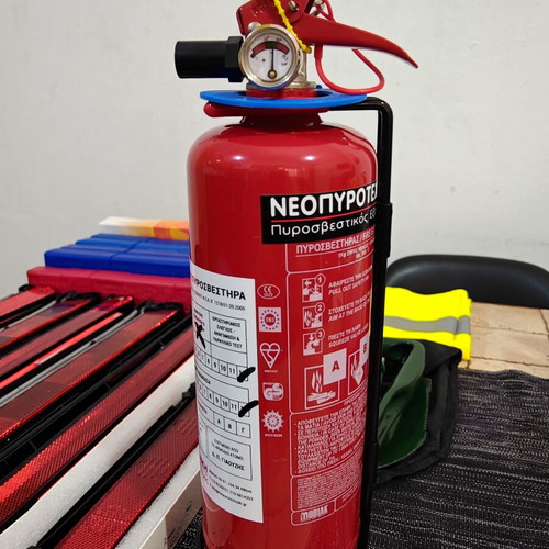 Car safety kit with fire extinguisher, triangles, first aid kits, shovel, vest