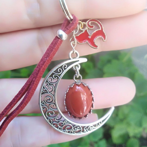 Keychain with silver moon and chestnut red jasper