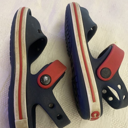 Crocs Crocband sandals used, blue and red, sizes 27-28