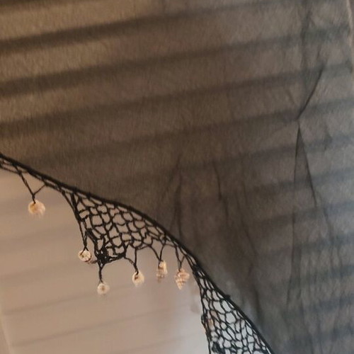 Sheer black triangular shawl like new with shells