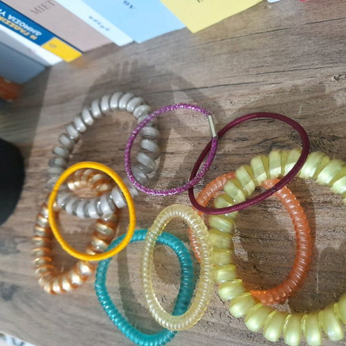 Hair ties used, colorful, all together