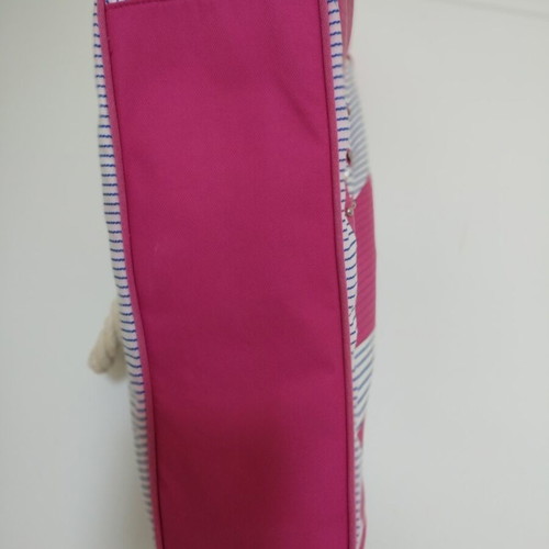 Lovie beach bag used, 100% cotton, white with blue stripes and pink letters