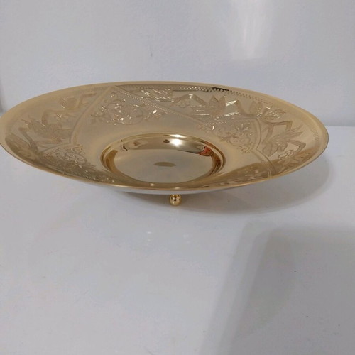 Gold Plated Handmade Fruit Bowl Greece, embossed design, 27.5cm