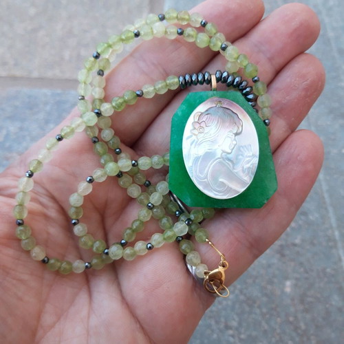 Handmade necklace like new with semi-precious stones and carved cameo
