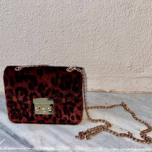 Bag formal leopard plush new, brown with gold chain