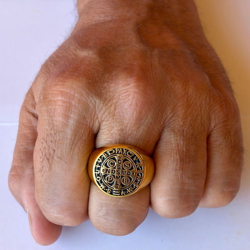 Saint Benedict Gold Signet Ring New, 316L Stainless Steel, US 12
