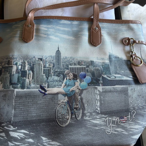 Y Not? Collections shoulder bag with city print, like new, multicolor