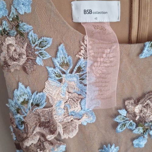 BSB dress used, taupe lace with sky blue embroidery, size S