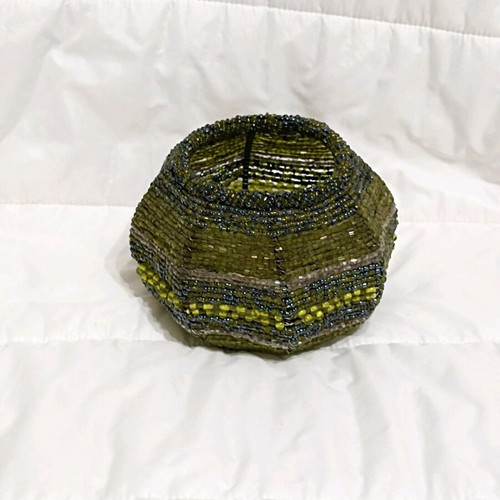 Decorative candle holder with beads like new, olive tones