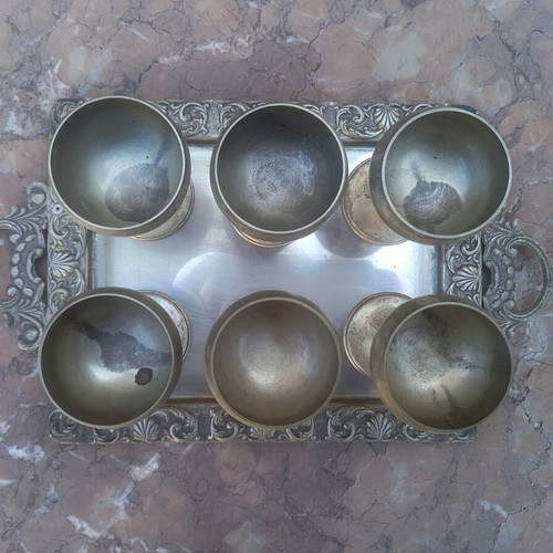 Silver-plated liqueur set used, 7 pieces vintage antique