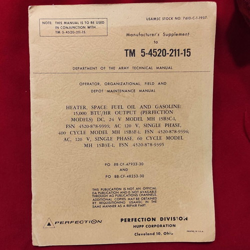 USA Military Regulation TM 5-4520-211-15 Manual 1953-55, like new