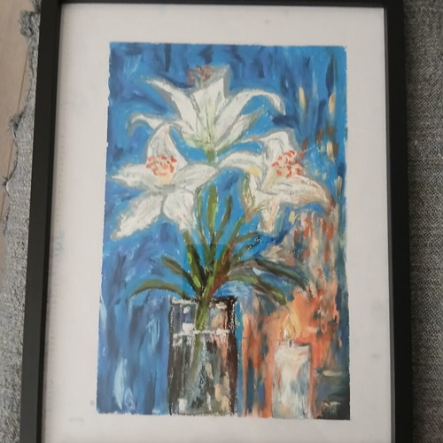 Oil pastel painting with white lilies