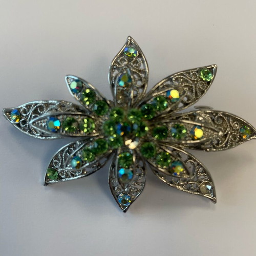 Hair Clip Flower with Strass like new, green and silver