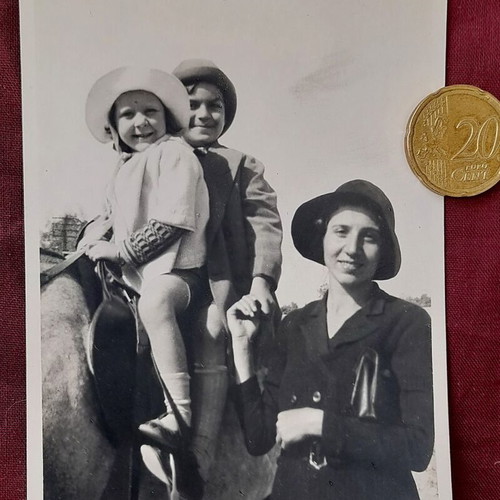 Vintage black and white photo children on horse 1930s
