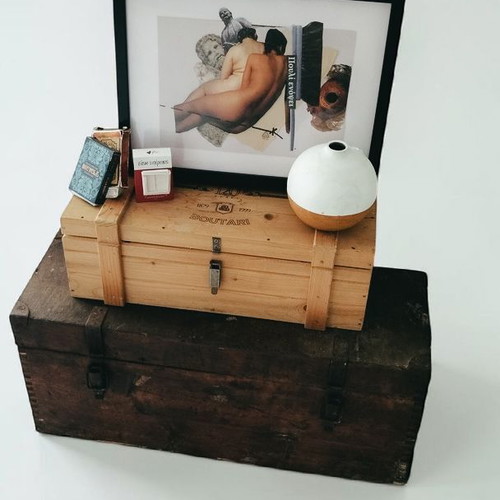 Set of 2 wooden vintage trunks used, decorative storage pieces