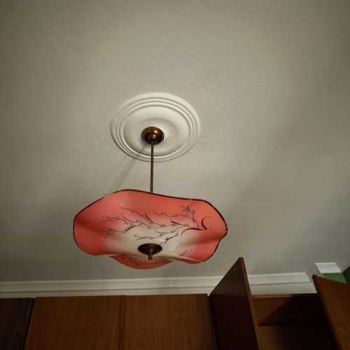 Vintage ceiling light used, opaline glass pink coral