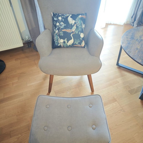 Armchair, stool and cushion set like new, beige fabric