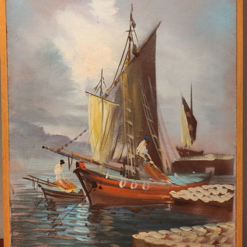 Oil painting used on canvas with seascape and fishing boats