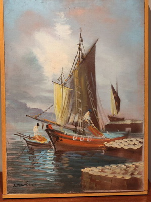 Oil painting used on canvas with seascape and fishing boats