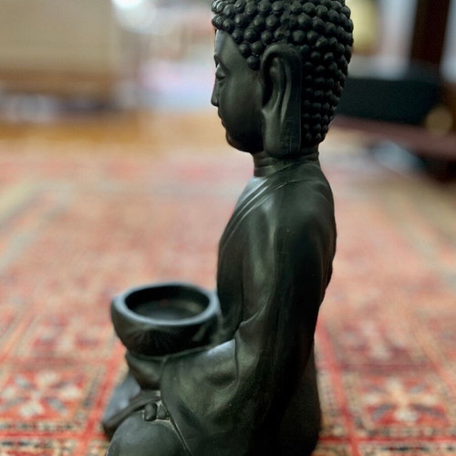 Buddha bust like new, gray-black, stone and resin candle holder