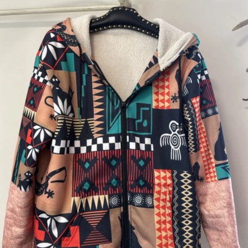 Boho fleece jacket used with sherpa lining and ethnic pattern