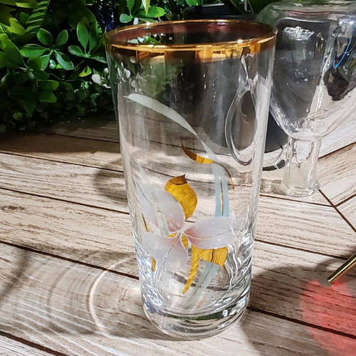 Vintage highball glass with gold rim and orchid decoration, 200 ml