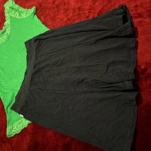 Women's set of 2 pieces used, black BSB skirt and green Voyelles lace top