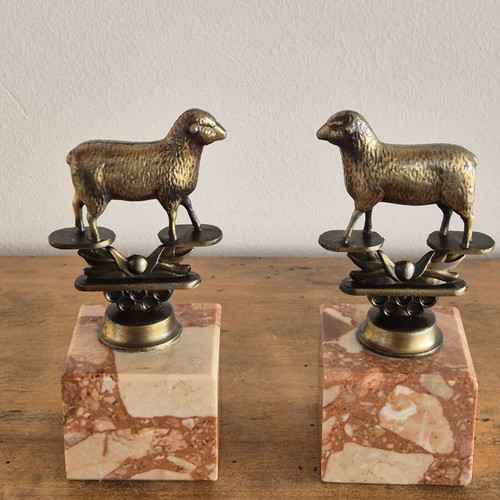 Art Deco brass sheep bookends, original pair on marble bases