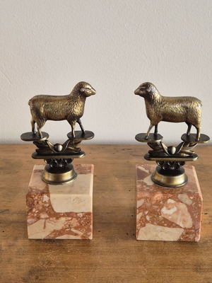Art Deco brass sheep bookends, original pair on marble bases