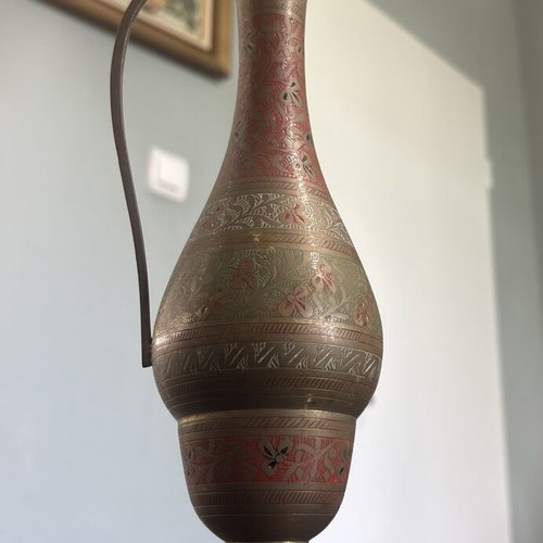 Vintage Hand Engraved Brass Vase with Colored Enamel from India like new