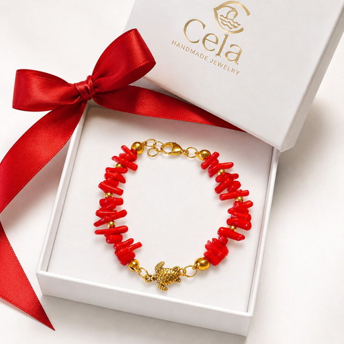 Handmade Bracelet with Semi-Precious Stones Coral and Hematite