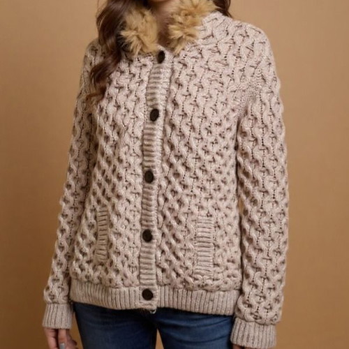Bershka Women's Knitted Hooded Jacket L Used White Beige
