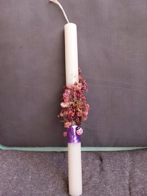 Handmade Easter candle new with dried flowers and ladybug
