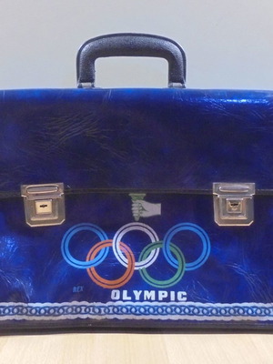 Rex old blue school leather bag with Olympic games theme used