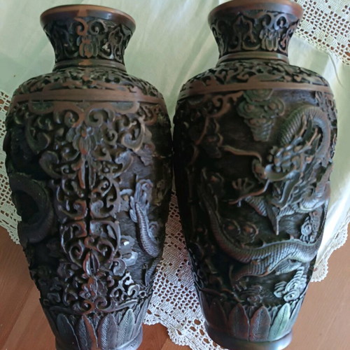 Wooden carved vases like new, solid ebony with dragons and flowers
